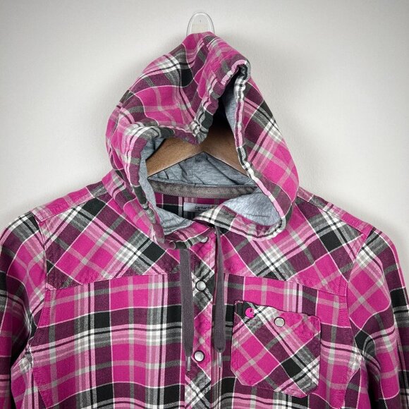 Carhartt Flannel Shirt Womens Small Pink Plaid‎ Hooded Pearl Snap Rugged Shacket - Picture 3 of 9